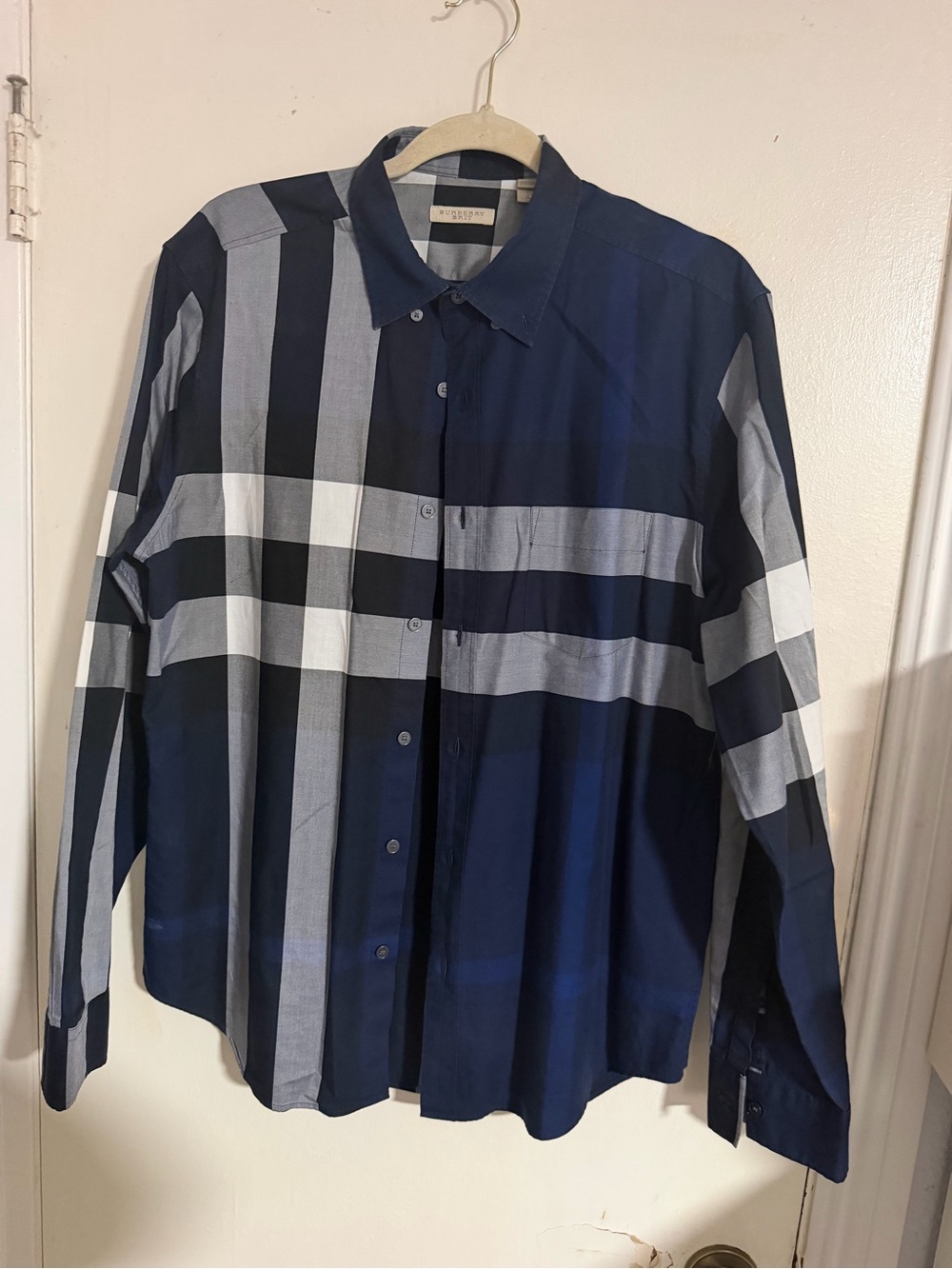 Burberry Brit Men Navy Blue Large Check Button Down Shirt - Size L